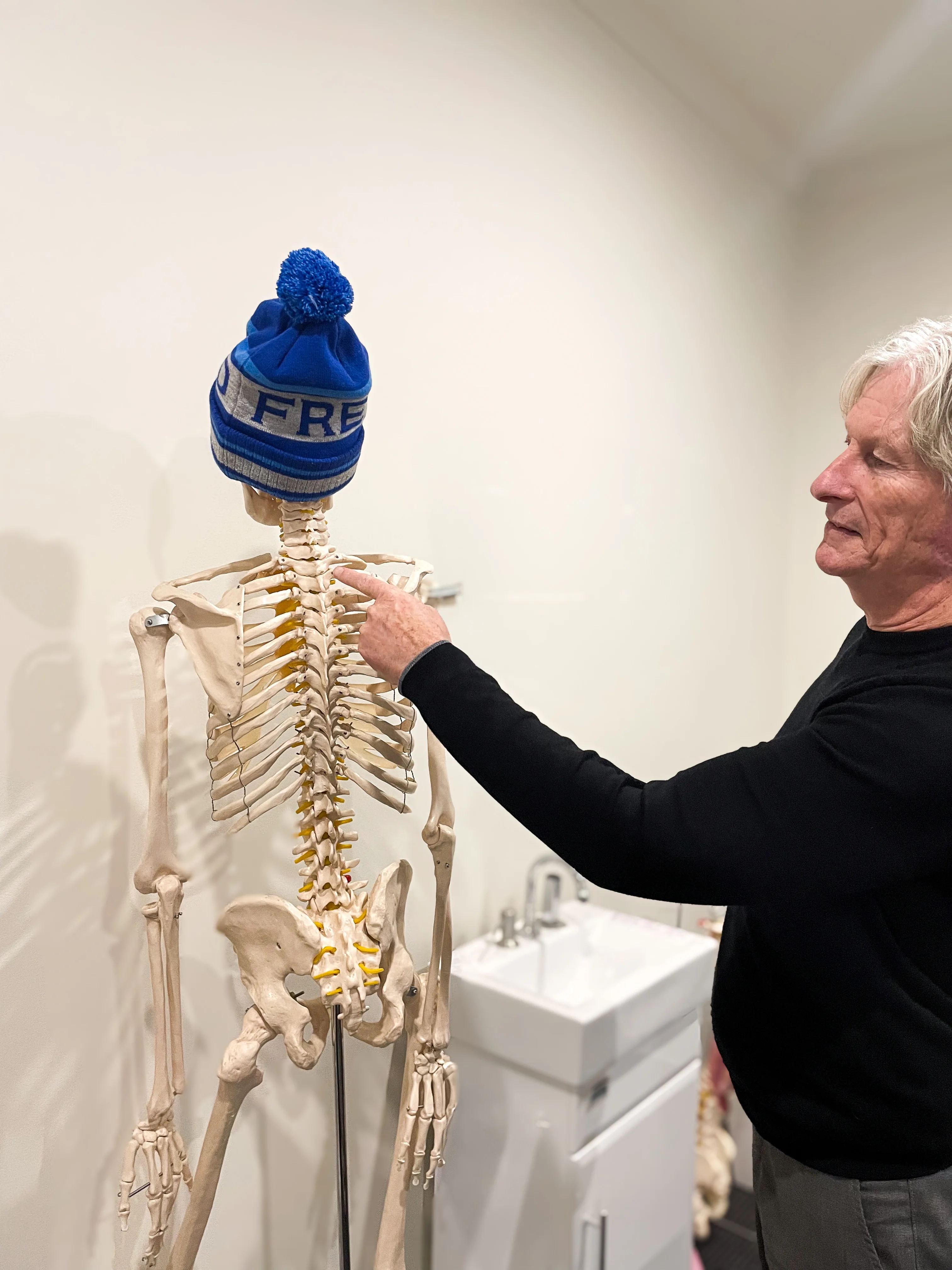 Chiropractor examining a skeleton model's spine during a teaching demonstration